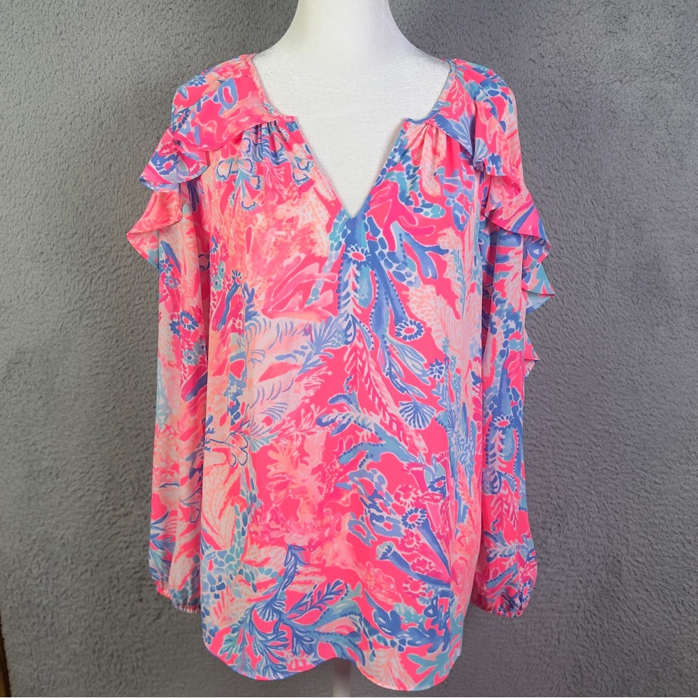 Lilly Pulitzer Top Womens Small Elora Ruffle Sleeve Pascha Pink Aquadesiac Beach